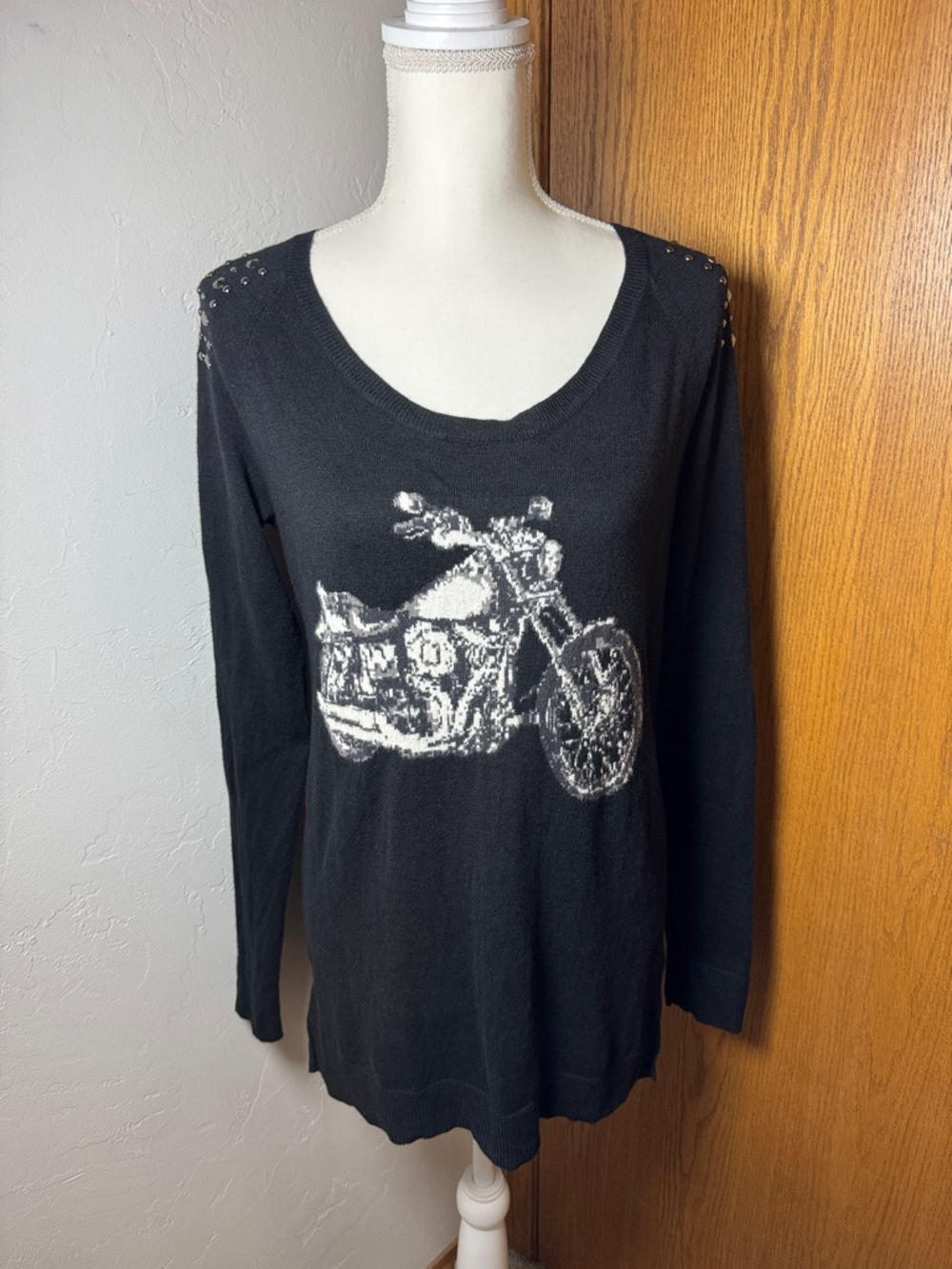 Rock & Republic black motorcycle graphic knit top S